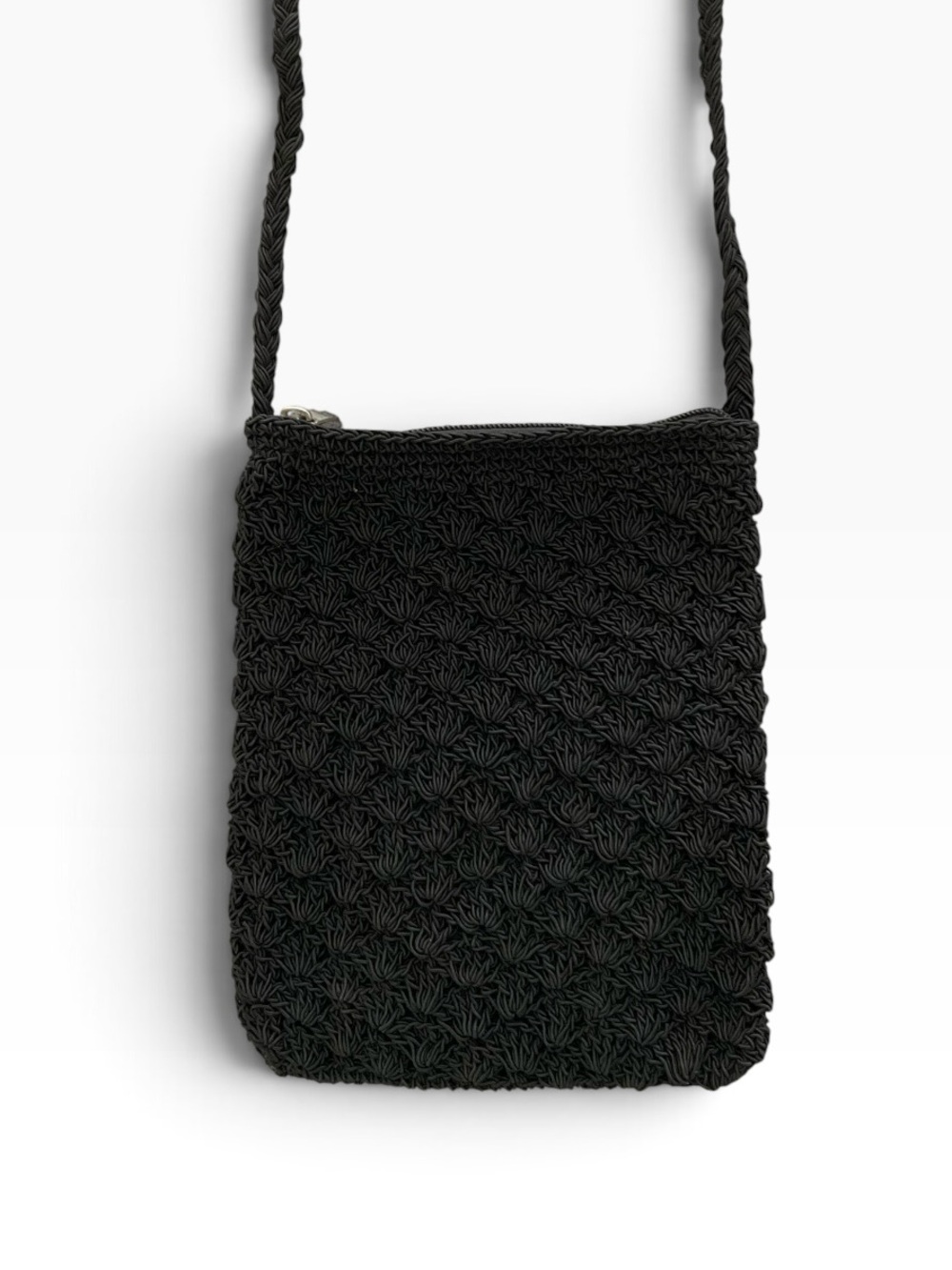 BOHEMIAN STYLE Vintage Black Crochet Crossbody Pouch Bag Open Shell/Fan Pattern